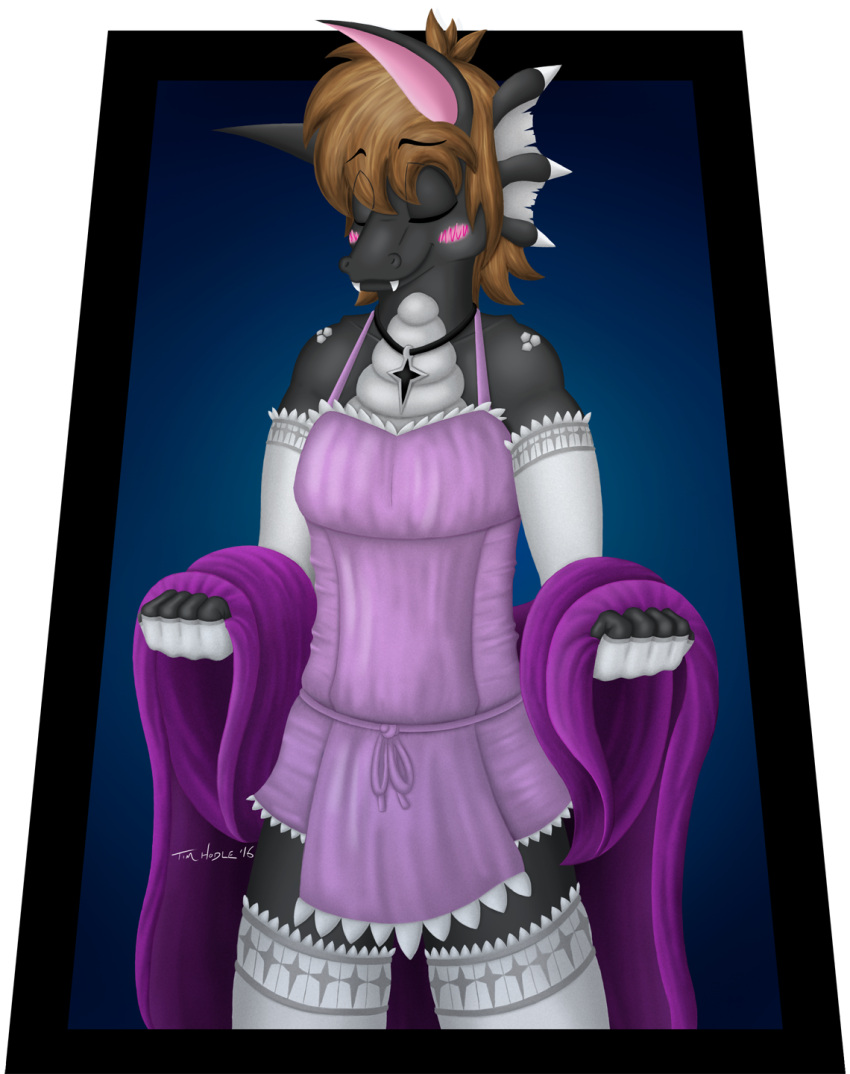 2016 alpha_channel anthro armwear blush brown_hair clothed clothing crossdressing digital_media_(artwork) dragon elbow_gloves eyes_closed fangs fingerless_elbow_gloves fingerless_gloves footwear frill_(anatomy) frilly girly gloves hair handwear hi_res legwear male markings melee_bishop nightgown pendant purple_clothing scalie signature simple_background smile socks solo spots spotted_markings standing thigh_highs thigh_socks tim_hodle