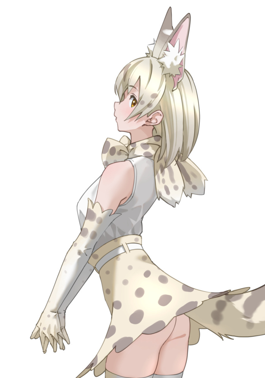 1girl absurdres animal_ear_fluff animal_ears bare_shoulders bow bowtie brown_eyes commentary elbow_gloves extra_ears gloves high-waist_skirt highres interlocked_fingers kemono_friends medium_hair own_hands_together platinum_blonde_hair print_bow print_bowtie print_gloves print_skirt serval_print shirt simple_background skirt sleeveless sleeveless_shirt solo tail tanabe_(fueisei) thighhighs white_background white_serval_(kemono_friends) white_shirt