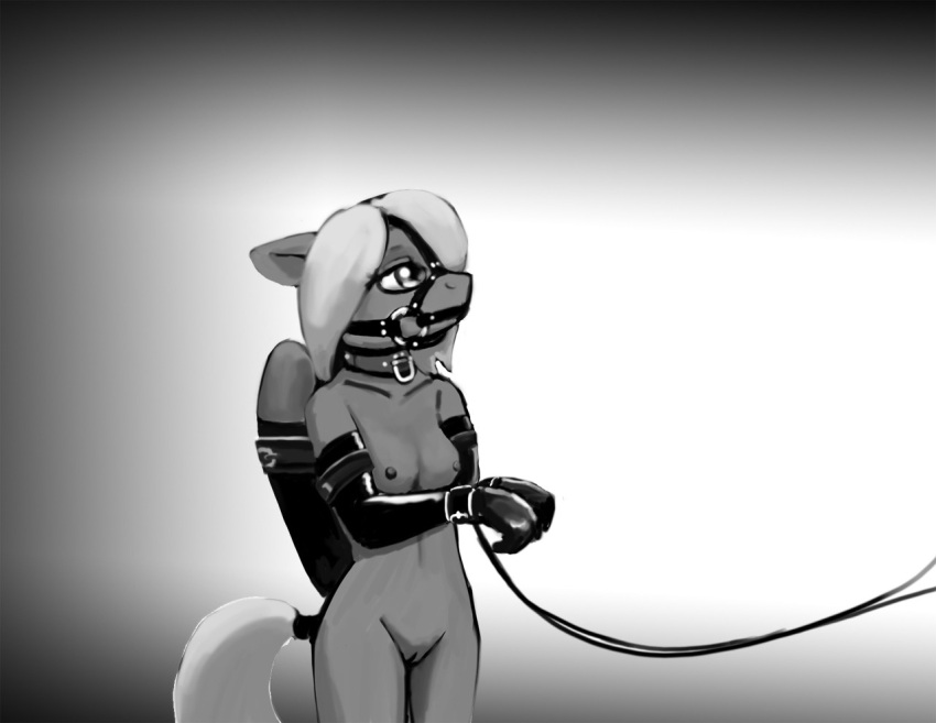 anthro bit_gag bound_wings bound_wrists breasts bridle collar ears_down equid equine female gag genitals leash lidded_eyes mammal monochrome offscreen_character pegasus pivoted_ears pussy simple_background small_breasts solo tail_wraps warskunk_(artist) wings wraps