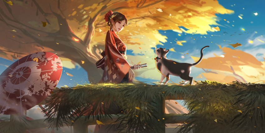 1girl bangs brown_eyes brown_hair cat day earrings hair_ornament hand_fan highres holding holding_fan japanese_clothes jewelry kimono lips oil-paper_umbrella original outdoors parted_bangs short_hair solo tree umbrella wind yueyue