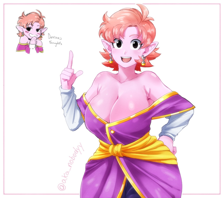 1girl :d aka_nobodyy bare_shoulders blush breasts chronoa cleavage colored_skin detached_sleeves dragon_ball dragon_ball_xenoverse earrings english_text grin highres index_finger_raised jewelry large_breasts multiple_views off_shoulder open_mouth orange_hair pink_skin pointy_ears potara_earrings short_hair smile twitter_username