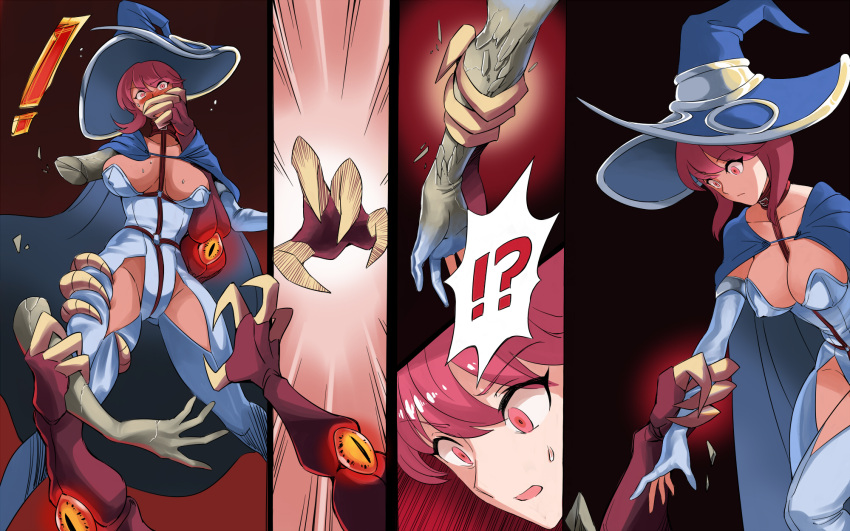 !? 1girl arm_grab breasts claws cleavage covering_another's_mouth dismemberment elbow_gloves gloves hat highres holding large_breasts navel original petrification red_hair short_hair statue uns_(sdsxsoverlord) witch_hat