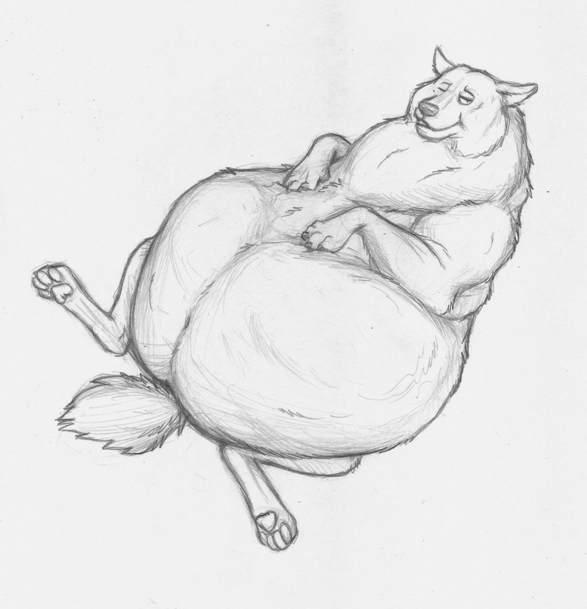 after_vore ambiguous_gender belly big_belly canid canine canis feral feral_pred hi_res looking_at_viewer lying mammal on_back solo thatgryphonguy traditional_media_(artwork) vore wolf wolf_pred