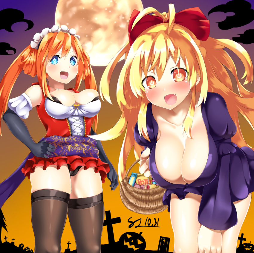2girls :d bent_over black_gloves black_legwear black_panties blonde_hair blue_eyes blush bow breasts cleavage dated dress elbow_gloves fang food full_moon gloves hair_between_eyes hair_bow hair_rings halloween halloween_costume happy highres kurozero large_breasts long_hair looking_at_viewer maid_headdress medium_breasts moon multiple_girls neptune_(series) orange_eyes orange_hair orange_heart outdoors panties power_symbol pumpkin purple_dress red_bow red_dress revealing_clothes shin_jigen_game_neptune_vii short_dress skindentation sleeveless sleeveless_dress smile sweets thighhighs tombstone twintails underwear upskirt very_long_hair yellow_eyes yellow_heart