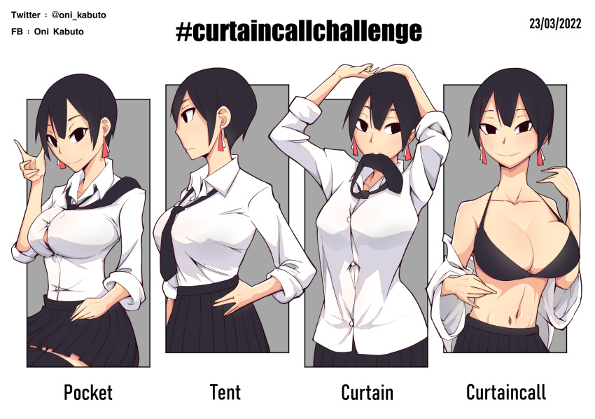 1girl black_bra black_eyes black_hair black_necktie black_skirt blush bra breasts button_gap cleavage collared_shirt curtain_call_challenge dated earrings english_text facebook_username grey_background hand_on_hip highres jewelry large_breasts long_sleeves mouth_hold multiple_views navel necktie oni_kabuto original pleated_skirt profile shirt shirt_tucked_in short_hair skirt smile taut_clothes taut_shirt twitter_username underwear white_shirt