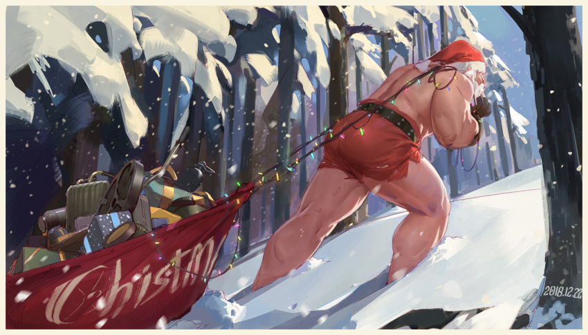 1boy ass back bag bara beard belt christmas dated facial_hair gift hat highres huge_ass male_focus manly mature_male muscular muscular_male original pulling santa_costume santa_hat shorts snow solo tangbingla thick_arms thick_thighs thighs topless topless_male tree white_hair