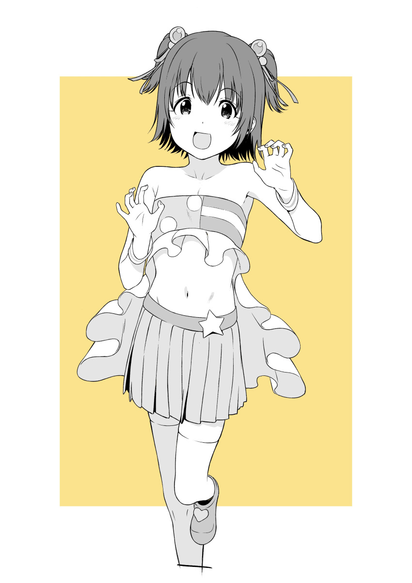 absurdres akagi_miria bangs bare_shoulders blush claw_pose collarbone commentary_request crop_top eyebrows_visible_through_hair flat_chest frills greyscale hands_up highres idolmaster idolmaster_cinderella_girls leg_up looking_at_viewer midriff monochrome navel pikapikapop_(idolmaster) pleated_skirt shinkun_(natsume_so) shoes short_hair short_twintails skirt smile star_(symbol) thighhighs twintails wristband yellow_background zettai_ryouiki