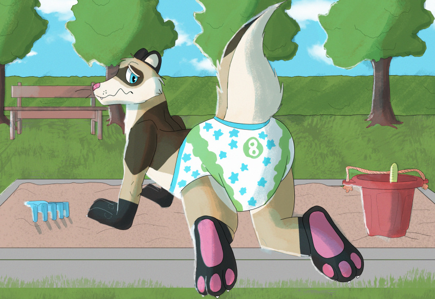 3_toes all_fours anthro bench biped black_body black_ears black_fur blepishepi blue_diaper blue_eyes brown_body brown_fur brown_tail bucket cheek_tuft claws container diaper digital_media_(artwork) facial_tuft feet fur glistening glistening_eyes gloves_(marking) grass green_diaper hi_res infantilism inner_ear_fluff leg_markings male markings pattern_diaper pawpads pink_nose pink_pawpads plant sand socks_(marking) solo tan_body tan_fur tan_inner_ear_fluff tan_tail toes tree tuft wearing_diaper white_claws white_diaper