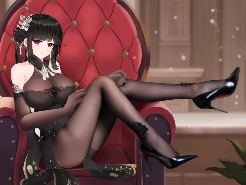 1girl absurdres azur_lane bangs bare_shoulders black_dress black_flower black_footwear black_hair black_legwear black_rose blurry blurry_background bodysuit breasts chair chen_hai_(azur_lane) chen_hai_(vestibule_of_wonders)_(azur_lane) china_dress chinese_clothes cleavage crossed_legs detached_sleeves dress elbow_gloves flower gloves gold_trim hair_flower hair_ornament high_heels highres knees_together_feet_apart lace-trimmed_dress lace_trim large_breasts official_alternate_costume pantyhose red_eyes rose sidelocks sitting solo sym. thighs