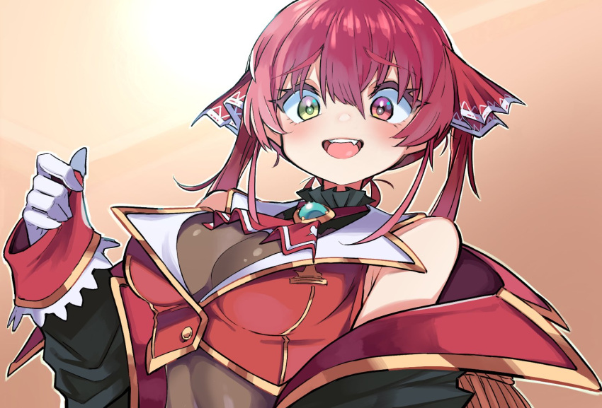 1girl ascot black_eyepatch breasts eyepatch hair_ribbon heterochromia hololive houshou_marine hyou_(hyouga617) large_breasts leotard leotard_under_clothes long_hair pirate red_ascot red_eyes red_hair red_ribbon ribbon solo twintails virtual_youtuber yellow_eyes