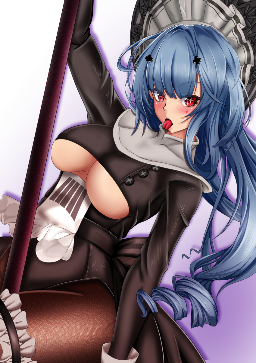 +_+ 1girl absurdres azur_lane black_dress blue_hair breasts brown_legwear card clothing_cutout dress forked_tongue gan-metal gradient gradient_background highres holding holding_pole large_breasts long_hair looking_at_viewer marco_polo_(azur_lane) marco_polo_(the_queen_of_hearts)_(azur_lane) official_alternate_costume pantyhose playing_card pole pole_dancing purple_background red_eyes simple_background solo stripper_pole tongue tongue_out underboob underboob_cutout very_long_hair white_background