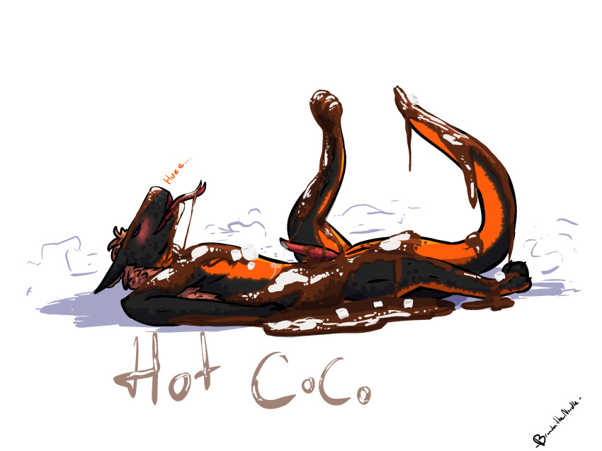anthro beverage blush brandonthenoodle candy chocolate chocolate_sauce dessert domestic_ferret food fur genitals hair hi_res hot_chocolate inner_ear_fluff laying_on_ground lizard lying male mammal marshmallow mustela mustelid musteline noode on_back penis raised_leg raised_tail reptile scales scalie solo tongue tongue_out true_musteline tuft