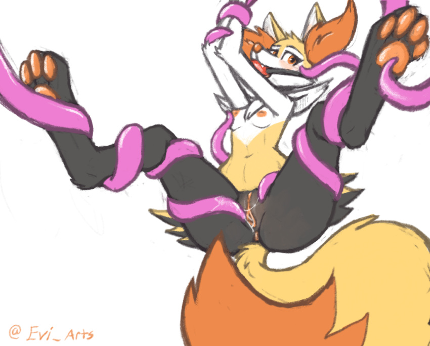2022 4_toes anthro areola blush bodily_fluids braixen breasts butt clitoris dipstick_tail evilymasterful feet female gag gagged genital_fluids genitals inner_ear_fluff looking_at_viewer markings navel nintendo nipples nude pawpads pok&eacute;mon pok&eacute;mon_(species) pussy pussy_juice small_breasts solo tail_markings tentacle_sex tentacles toes tuft video_games