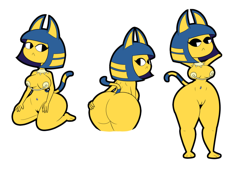 4:3 animal_crossing ankha_(animal_crossing) anthro apopop big_breasts big_butt breasts butt domestic_cat felid feline felis female front_view frown genitals hand_on_butt hands_behind_head hi_res huge_breasts kneeling mammal mostly_nude multiple_poses nintendo pasties pose pussy rear_view simple_background solo video_games