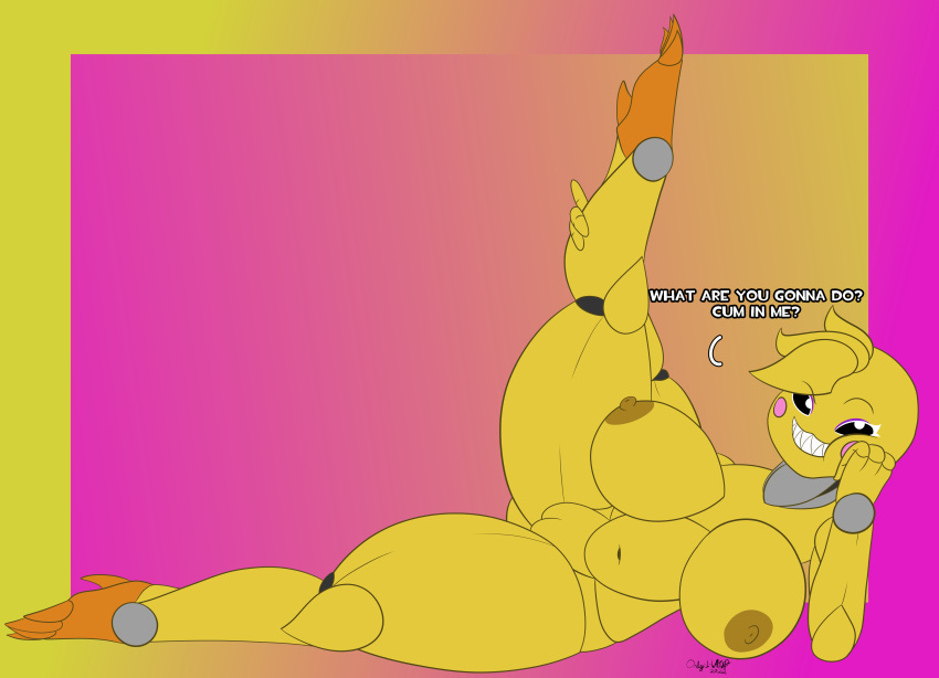 absurd_res areola big_breasts breasts female five_nights_at_freddy's five_nights_at_freddy's_2 genitals hi_res nipples only-1-wayup presenting presenting_pussy pussy scottgames toy_chica_(fnaf) video_games yellow_areola yellow_nipples