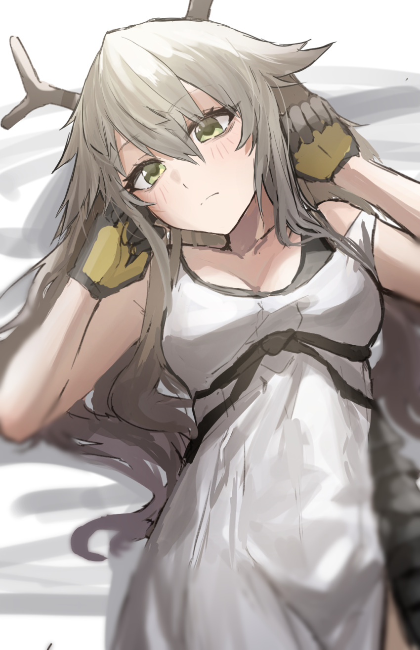 1girl animal_ears arknights breasts brown_gloves brown_hair deer_antlers deer_ears deer_girl eyebrows_visible_through_hair firewatch_(arknights) frown gloves green_eyes hair_between_eyes hands_up highres long_hair lying medium_breasts on_back raw_egg_lent shirt solo split_mouth upper_body white_shirt