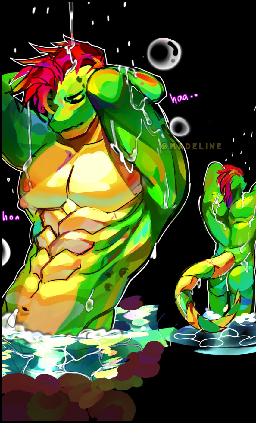 2022 abs alligator alligatorid anthro bathing bubble butt crocodilian digital_media_(artwork) eyes_closed fangs five_nights_at_freddy's five_nights_at_freddy's:_security_breach green_body hair hands_behind_head hi_res madeline_artz male markings montgomery_gator_(fnaf) multicolored_body muscular muscular_anthro muscular_male nude pecs raised_arm raised_arms red_hair reptile scalie scottgames shaded solo standing video_games water watermark wet yellow_markings