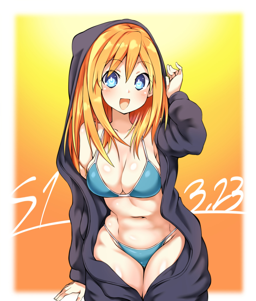 1girl :d alternate_costume alternate_hairstyle bikini bikini_under_clothes black_cloak blue_bikini blue_eyes blush breasts cleavage cloak groin hair_down hand_up happy highres hood kurozero leaning_forward long_hair looking_at_viewer medium_breasts midriff navel neptune_(series) open_cloak open_clothes orange_hair orange_heart power_symbol shin_jigen_game_neptune_vii smile solo swimsuit symbol-shaped_pupils very_long_hair