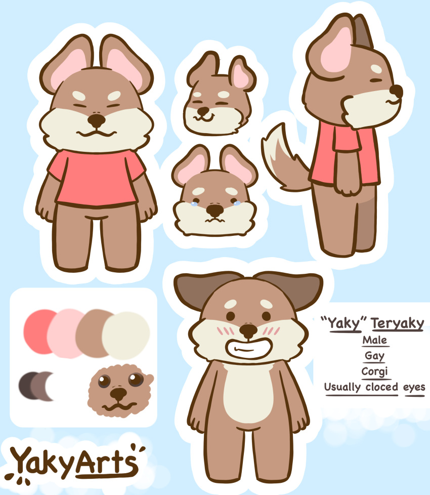 absurd_res anthro canid canine canis clothed clothing digital_media_(artwork) domestic_dog english_text eyes_closed herding_dog hi_res male mammal model_sheet partially_clothed pastoral_dog simple_background solo text welsh_corgi yaky_(yakyarts) yakyarts