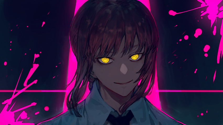 1girl bangs benitama black_background black_necktie chainsaw_man collared_shirt dress_shirt highres long_hair makima_(chainsaw_man) necktie open_mouth purple_background red_hair ringed_eyes shirt smile yellow_eyes