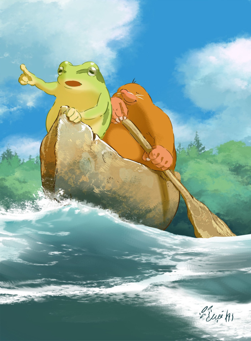 2others boat cloud cloudy_sky commentary_request day frog grass hachiya_shohei highres multiple_others no_humans original otter paddling personification scenery sky stretched_limb water watercraft