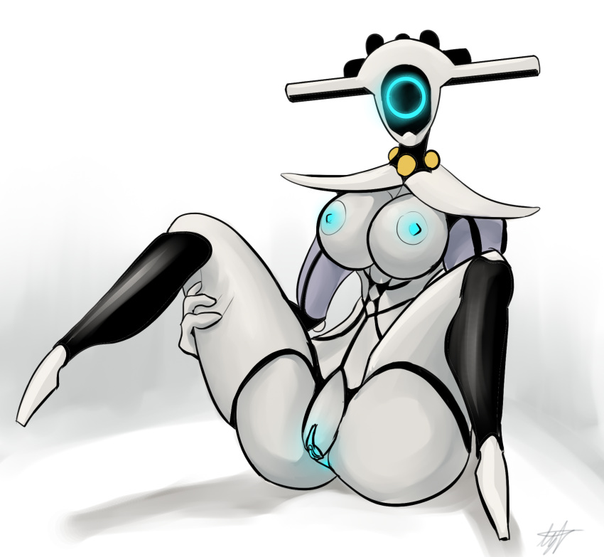 anthro areola artdemonslair breasts female genitals glowing glowing_eyes glowing_genitalia glowing_nipples glowing_pussy hi_res humanoid looking_at_viewer machine nipples presenting presenting_pussy pussy robot robot_humanoid simple_background solo spread_legs spreading