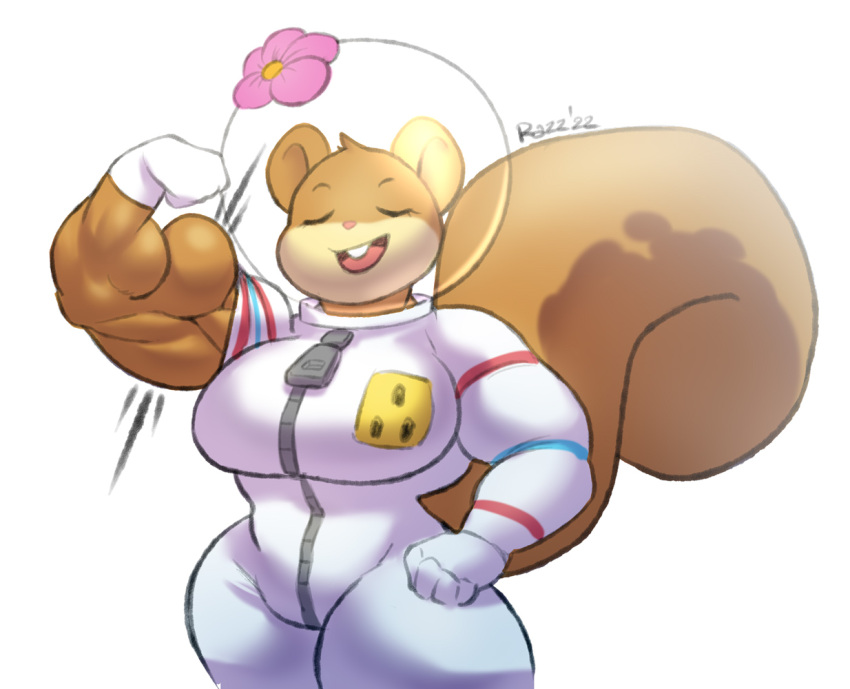 2022 anthro aquarium biceps big_breasts big_muscles big_tail bodysuit breasts brown_body brown_fur buckteeth clothing diving_suit eyes_closed female fist flexing flower fluffy fluffy_tail fur gloves handwear huge_tail mammal muscular muscular_anthro muscular_female nickelodeon plant razzberryboat rodent round_ears sandy_cheeks sciurid simple_background skinsuit smile solo spongebob_squarepants teeth thick_thighs tight_clothing vivarium white_background wide_hips zipper