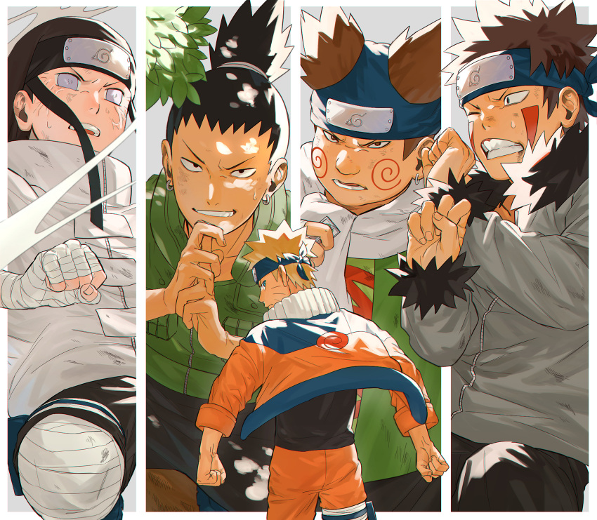 5boys akimichi_chouji black_hair blonde_hair blue_eyes brown_hair commentary_request facial_mark forehead_protector green_eyes highres hyuuga_neji inuzuka_kiba looking_at_viewer male_focus mirin_(coene65) multiple_boys nara_shikamaru naruto naruto_(series) ninja red_hair short_hair spiked_hair uzumaki_naruto whisker_markings