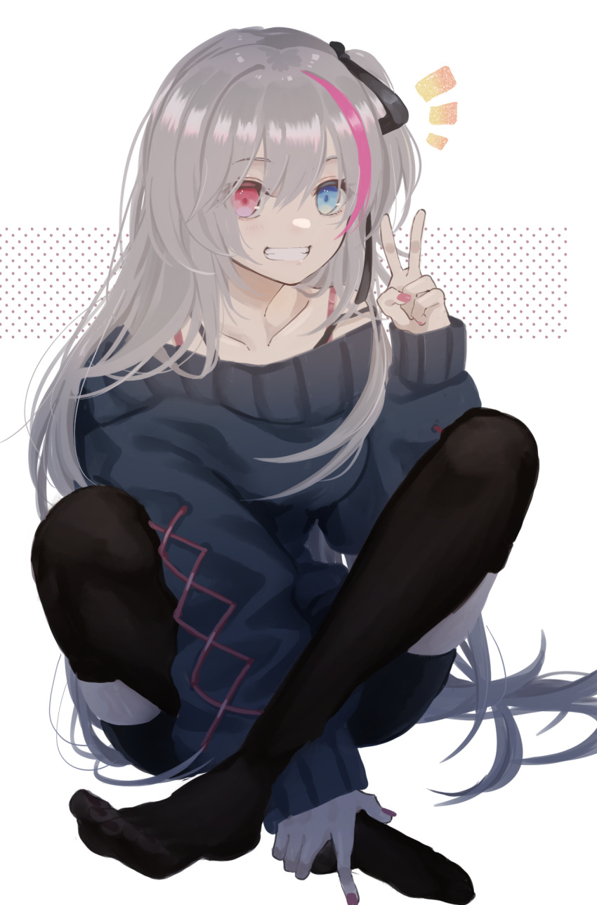 1girl bangs black_legwear black_ribbon blue_eyes collarbone commentary eyebrows_visible_through_hair feet full_body girls'_frontline grey_sweater grin hair_ribbon heterochromia highres holding_own_foot long_hair long_sleeves looking_at_viewer md5_mismatch mdr_(girls'_frontline) multicolored_hair nail_polish no_shoes pink_eyes pink_hair pink_nails rabb_horn ribbon side_ponytail silver_hair smile streaked_hair sweater teeth thighhighs toenails toes v