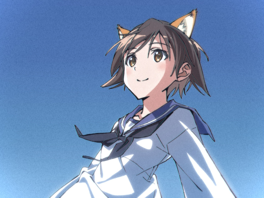 1girl animal_ears bangs black_neckwear blouse blue_sailor_collar blue_sky brown_eyes brown_hair clear_sky closed_mouth commentary day dog_ears hair_flaps highres kogarashi51 long_sleeves looking_to_the_side miyafuji_yoshika outdoors sailor_collar short_hair sky smile solo strike_witches texture white_blouse world_witches_series