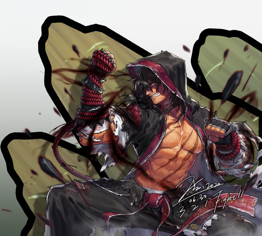 1boy abs bandages bara belt biceps black_hair blood dungeon_and_fighter facial_hair fighter_(dungeon_and_fighter) fighting_game fighting_stance gauntlets injury jacket jin_(sirius-j) large_pectorals long_hair male_fighter_(dungeon_and_fighter) male_focus muscular muscular_male navel nipples pants pectorals red_eyes robe rock scar scar_on_chest scar_on_face scar_on_stomach scribble sideburns solo text_focus topless topless_male torn_clothes