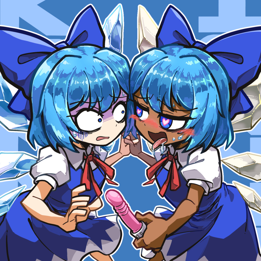 2girls amerika_zarigani annyui_(cookie) bangs blue_bow blue_dress blue_eyes blue_hair blush bow breasts cirno collared_shirt commentary_request constricted_pupils cookie_(touhou) cowboy_shot dark-skinned_female dark_skin dildo dress eyebrows_visible_through_hair gloom_(expression) hair_bow heart heart-shaped_pupils highres holding holding_dildo holding_hands ice ice_wings kurikinton_(cookie) looking_at_another multiple_girls neck_ribbon open_mouth pinafore_dress puffy_short_sleeves puffy_sleeves red_ribbon ribbon saliva sex_toy shirt short_hair short_sleeves small_breasts smile symbol-shaped_pupils tongue tongue_out touhou white_shirt wings