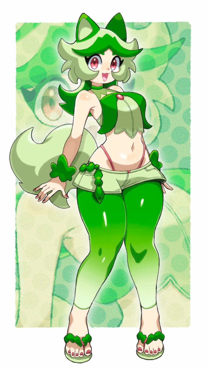 1girl animal_ears bare_shoulders breasts cat_ears cat_tail crop_top english_commentary green_hair green_legwear green_shirt green_shorts highres legwear_under_shorts long_hair medium_breasts midriff navel open_mouth pantyhose paperrose personification pokemon pokemon_(game) pokemon_sv purple_nails red_eyes sandals scrunchie shirt shorts sleeveless sleeveless_shirt smile solo sprigatito tail thick_thighs thighs wrist_scrunchie