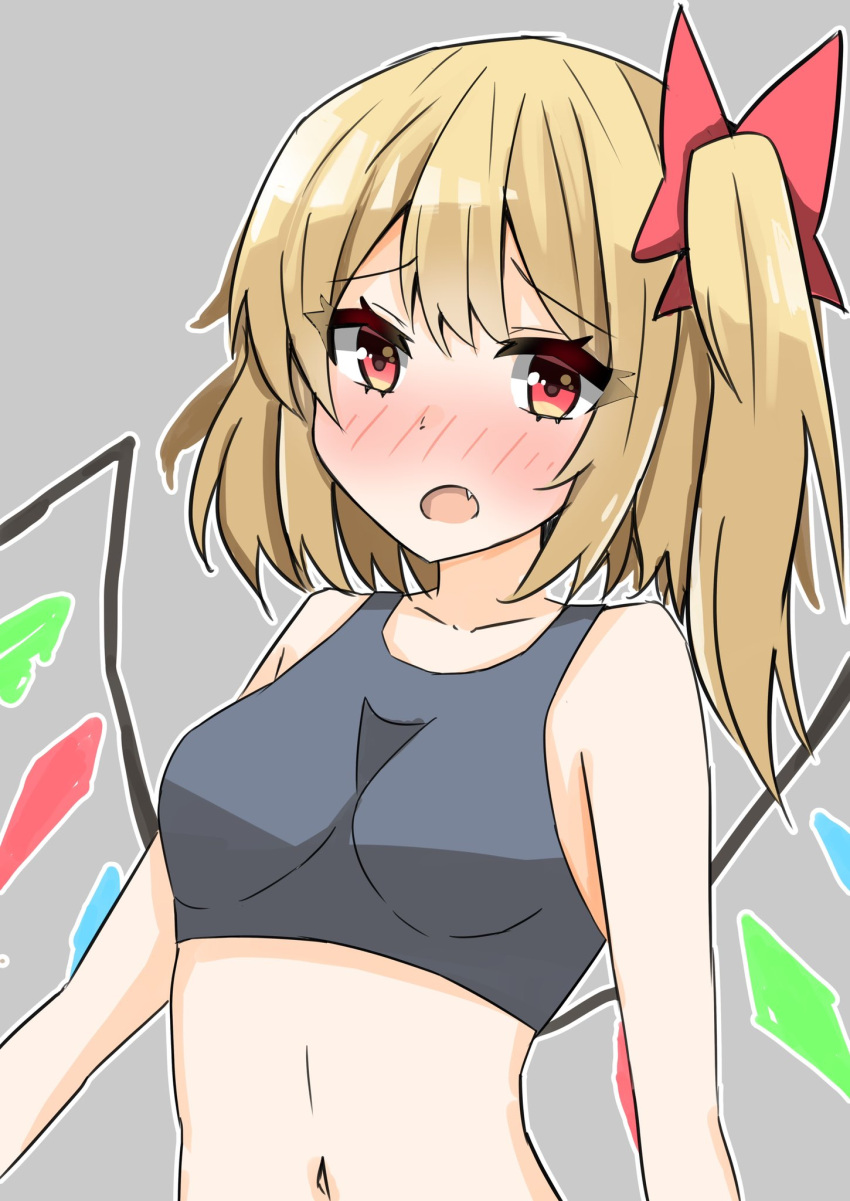 1girl armpit_crease bare_shoulders blonde_hair blush bow breasts commentary_request fang flandre_scarlet highres looking_at_viewer navel nono54558 one-hour_drawing_challenge open_mouth red_bow simple_background solo tank_top touhou wings