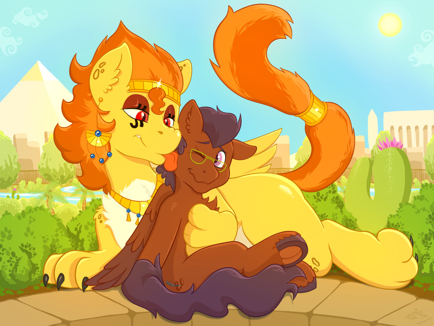 absurd_res brown_body brown_fur cactus chest_tuft claws crown cutie_mark duo ear_piercing ear_ring egyptian equid equine feathered_wings feathers felid female feral fur gold_(metal) hair half-closed_eyes hasbro hi_res hooves inner_ear_fluff jewelry kissing larger_female licking male mammal my_little_pony mythological_sphinx mythology narrowed_eyes orange_hair orange_tail paws pegasus piercing pink_eyes plant red_eyes relaxing size_difference smaller_male tongue tongue_out tuft wavy_mouth wings wispytuft yellow_body yellow_fur