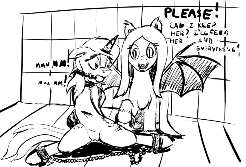 arms_tied ball_gag bat_pony bound cutie_mark daybreak_(oc) dialogue duo english_text equid equine female female/female feral gag genitals hasbro horn leash_and_collar looking_at_another looking_at_viewer mammal monochrome my_little_pony pussy sanguine_morning spread_legs spread_wings spreading text unicorn warskunk_(artist) wings