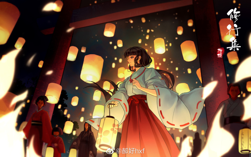 black_hair crowd dress festival fire hao_hao_hxf highres inuyasha japanese_clothes kikyou_(inuyasha) lantern light miko night ponytail torii tree weibo_id