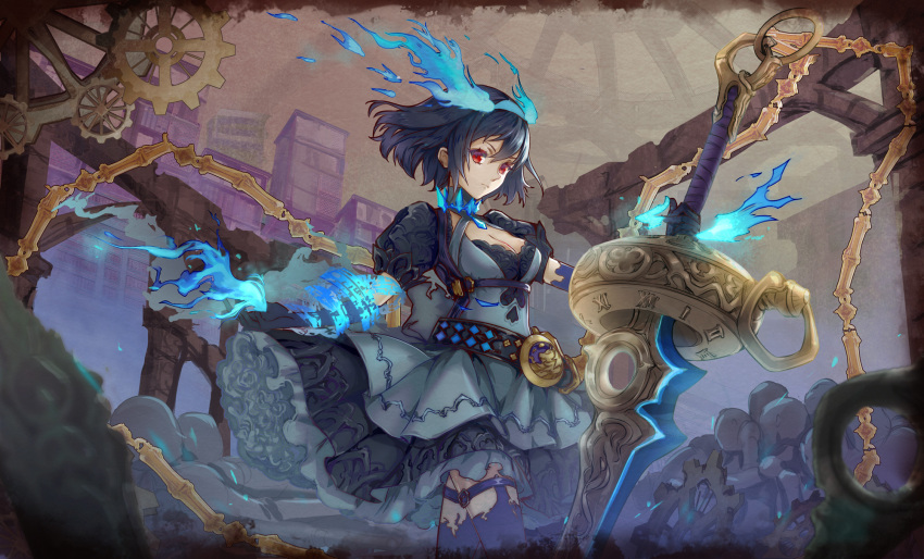 1girl alice_(sinoalice) asukayou belt blue_fire blue_hair breasts building chain cleavage collar dress dress_shirt fire gears gem highres looking_at_viewer monster_girl outdoors red_eyes roman_numeral shirt short_hair sinoalice skirt slime_girl smoke socks solo sword thighhighs weapon