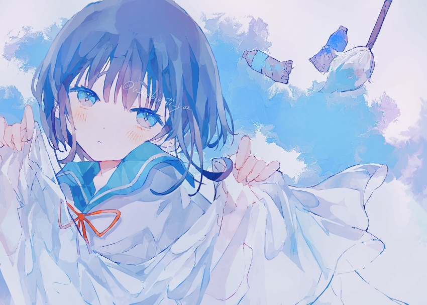 1girl bangs blanket blue_background blue_eyes blue_hair blue_sailor_collar blue_theme bottle closed_mouth commentary_request grey_background highres holding holding_blanket light_blush looking_at_viewer mop neck_ribbon original red_ribbon ribbon sailor_collar school_uniform serafuku shirt short_hair solo twitter_username upper_body warabimoti_yoz water_bottle white_shirt