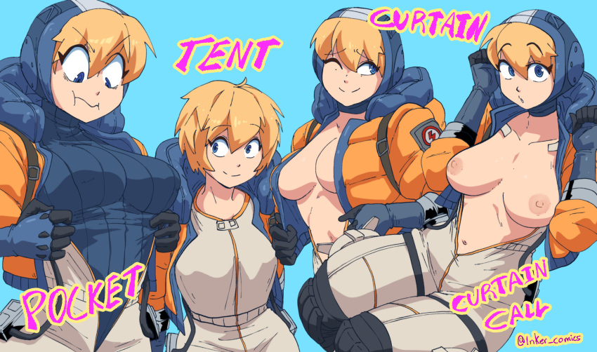 1girl absurdres apex_legends blonde_hair blue_background blue_eyes breasts breasts_apart covered_nipples curtain_call_challenge english_text eyebrows_visible_through_hair highres inker_comics medium_breasts multiple_views nipples one_eye_closed open_clothes short_hair simple_background smile wattson_(apex_legends)