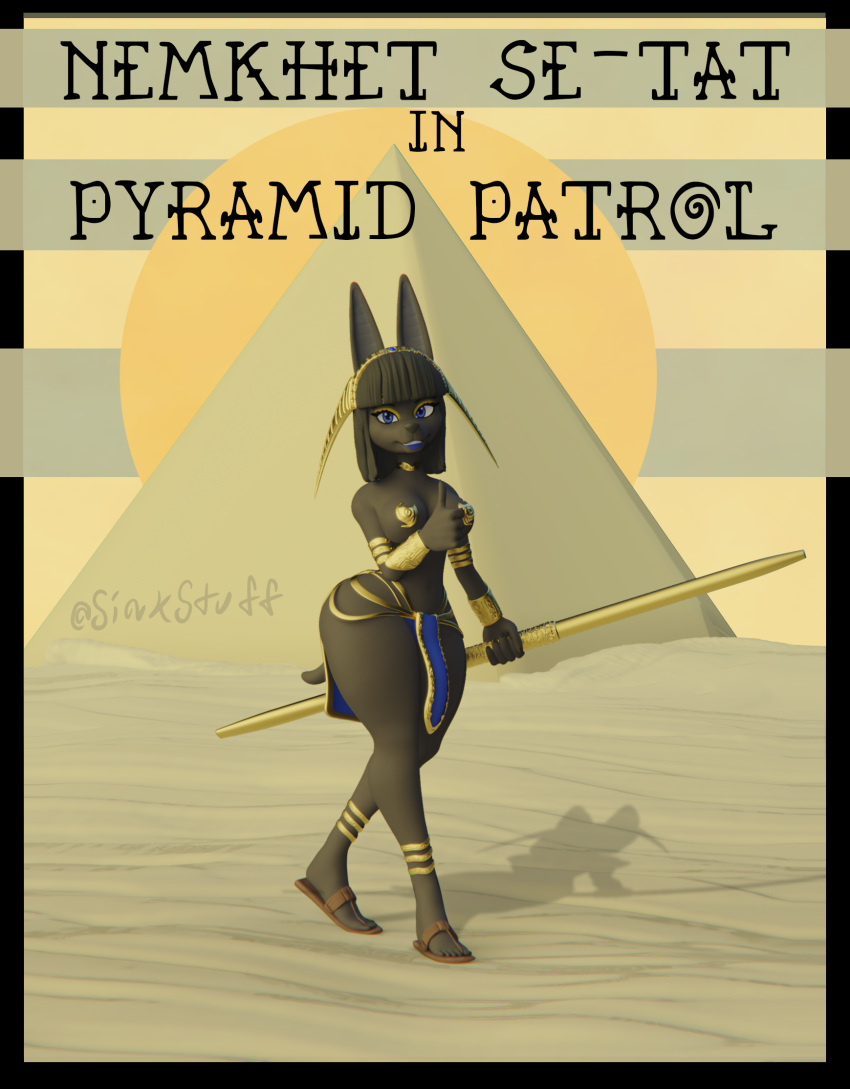 3d_(artwork) anklet anthro anubian_jackal armband armor bikini_armor black_body black_fur blue_eyes blue_lipstick canid canine canis clothed clothing desert digital_media_(artwork) egyptian female footwear fur gesture headdress hi_res jackal jewelry lipstick looking_at_viewer makeup mammal poster pyramid sand sandals siakstuff simple_background skimpy smile solo staff thick_thighs thumbs_up unconvincing_armor