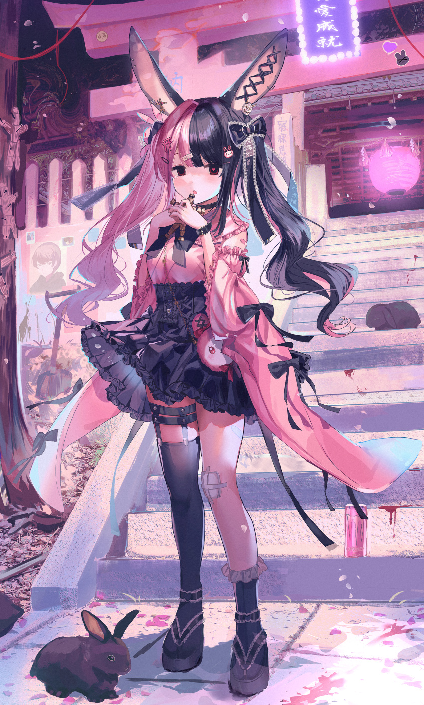 1girl :o absurdres animal_ears bangs black_bow black_bowtie black_choker black_hair black_legwear black_skirt blush bow bowtie bunny bunny_hair_ornament choker detached_sleeves doll frilled_shirt_collar frilled_skirt frilled_sleeves frills full_body garters hair_bow hair_ornament high-waist_skirt highres holding holding_doll lolita_fashion long_hair long_sleeves looking_at_viewer multicolored_hair original outdoors parted_lips pink_hair pink_shirt rabbit_ears red_eyes sandals shirt single_sock single_thighhigh skirt socks solo split-color_hair standing thighhighs twintails two-tone_hair very_long_hair wa_lolita y_o_u_k_a