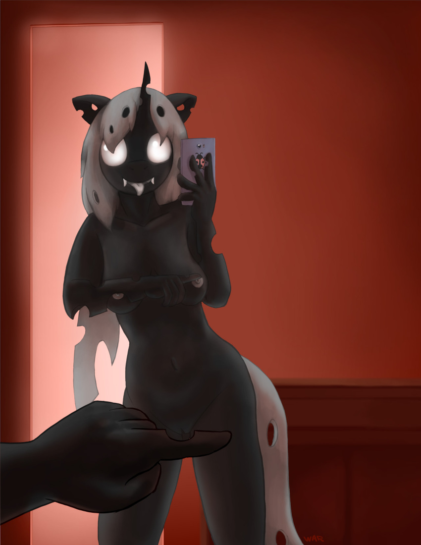 anthro arthropod big_breasts breasts changeling female friendship_is_magic genitals hi_res looking_at_viewer meme mirror mirror_selfie my_little_pony one_finger_challenge phone portrait pussy selfie silver_lies solo three-quarter_portrait tongue tongue_out warskunk_(artist)