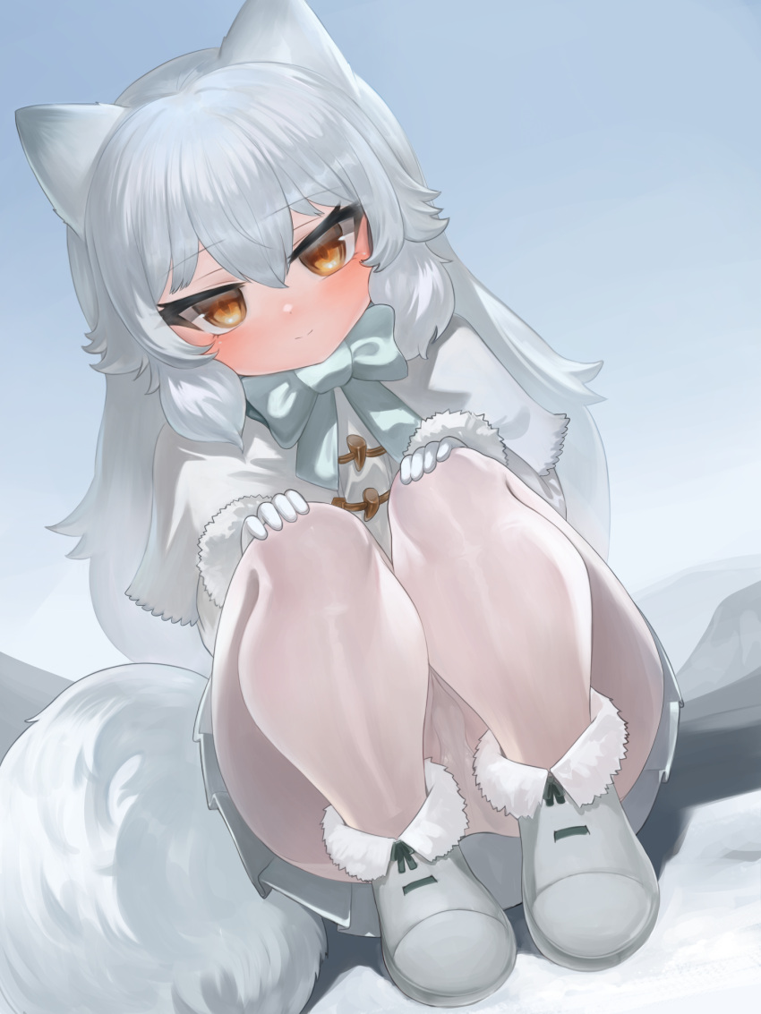 1girl animal_ears arctic_fox_(kemono_friends) bangs blue_bow blue_sky boots bow brown_eyes capelet closed_mouth commentary day dokomon dutch_angle english_commentary eyebrows_visible_through_hair fox_ears fox_girl fox_tail fur-trimmed_boots fur-trimmed_sleeves fur_trim gloves grey_footwear grey_hair grey_skirt hair_between_eyes highres jacket kemono_friends long_sleeves looking_at_viewer outdoors panties panties_under_pantyhose pantyhose pleated_skirt skirt sky smile solo squatting tail underwear white_capelet white_gloves white_jacket white_legwear white_panties