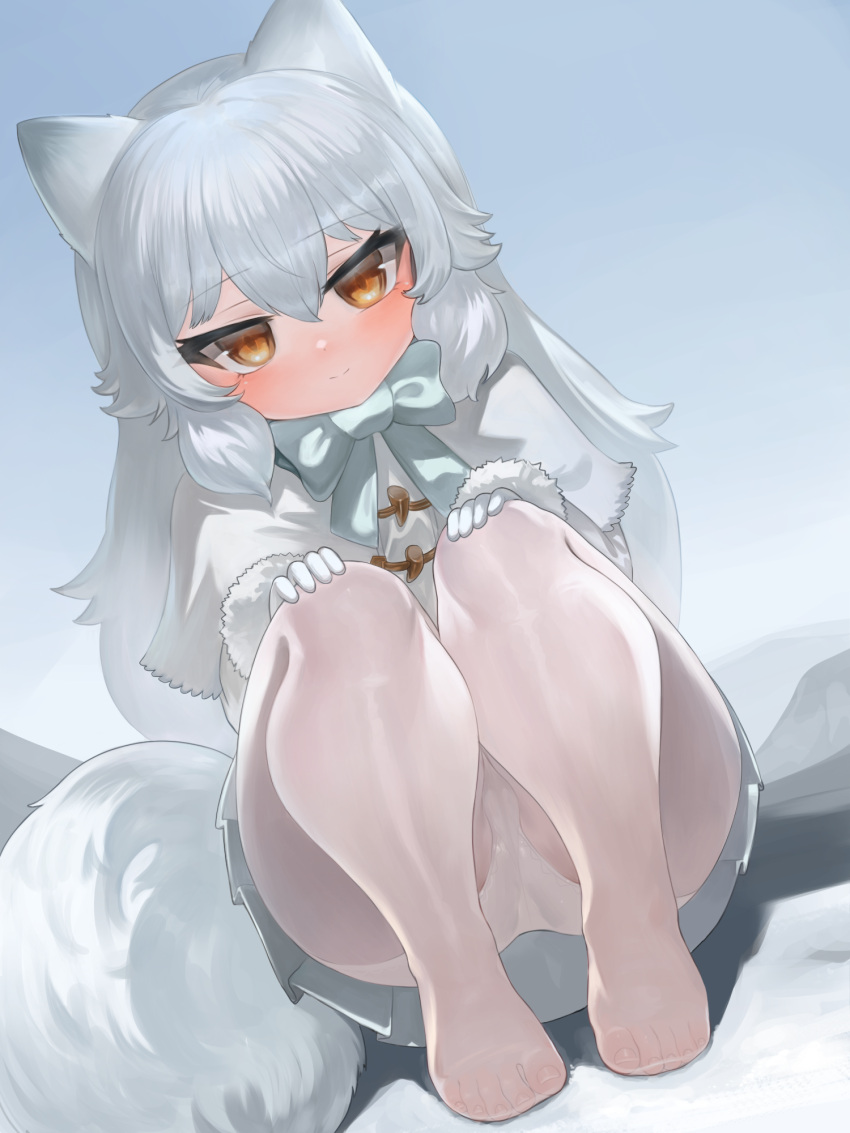 1girl animal_ears arctic_fox_(kemono_friends) bangs blue_bow blue_sky bow brown_eyes capelet closed_mouth day dokomon dutch_angle eyebrows_visible_through_hair fox_ears fox_girl fox_tail fur-trimmed_sleeves fur_trim gloves grey_hair grey_skirt hair_between_eyes highres jacket kemono_friends long_sleeves looking_at_viewer no_shoes outdoors panties panties_under_pantyhose pantyhose pleated_skirt skirt sky smile solo squatting tail underwear white_capelet white_gloves white_jacket white_legwear white_panties