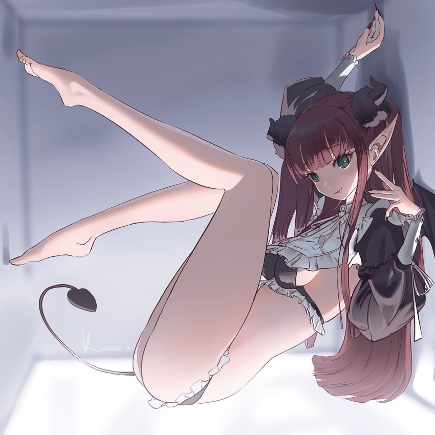 1girl against_wall bangs bare_legs barefoot black_horns black_nails black_tail blunt_bangs box breasts commentary_request demon demon_girl english_commentary fake_nails fang fingernails frilled_panties frills full_body gothic_lolita green_eyes highres horns in_box in_container kitagawa_marin lolita_fashion long_hair long_legs medium_breasts mixed-language_commentary panties pointy_ears reclining red_hair sharp_fingernails shrug_(clothing) sideboob solo sono_bisque_doll_wa_koi_wo_suru straight_hair toes two_side_up underwear vafar7