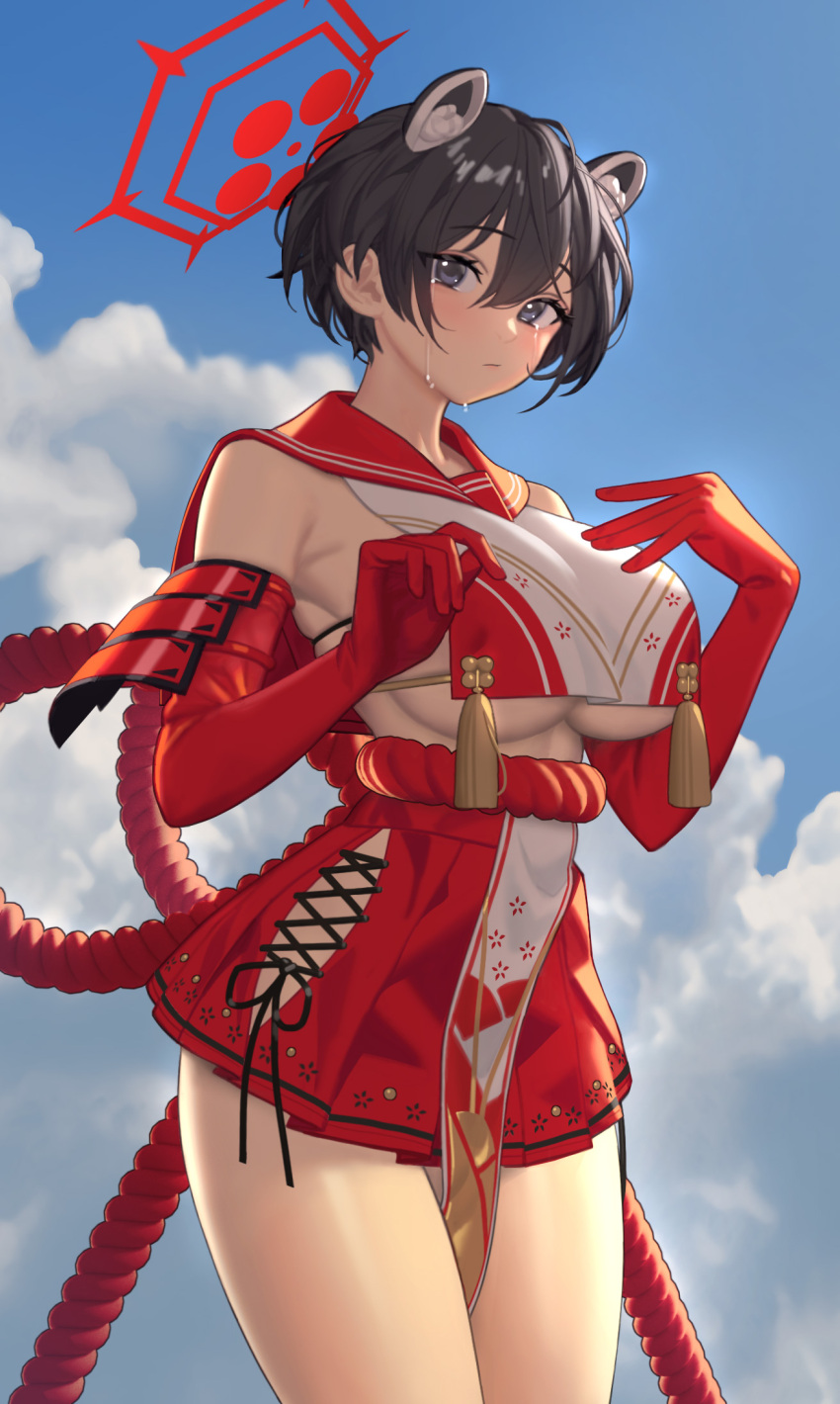1girl animal_ears armor bangs bare_shoulders black_hair blue_archive blue_sky blush breast_curtain breasts closed_mouth cloud cloudy_sky day elbow_gloves gloves grey_eyes highres japanese_clothes kurt_bestor large_breasts looking_at_viewer outdoors pleated_skirt red_gloves revealing_clothes rope sailor_collar shiny shiny_hair shiny_skin short_hair simple_background skirt sky sleeveless solo teardrop tears thighs tsubaki_(blue_archive)
