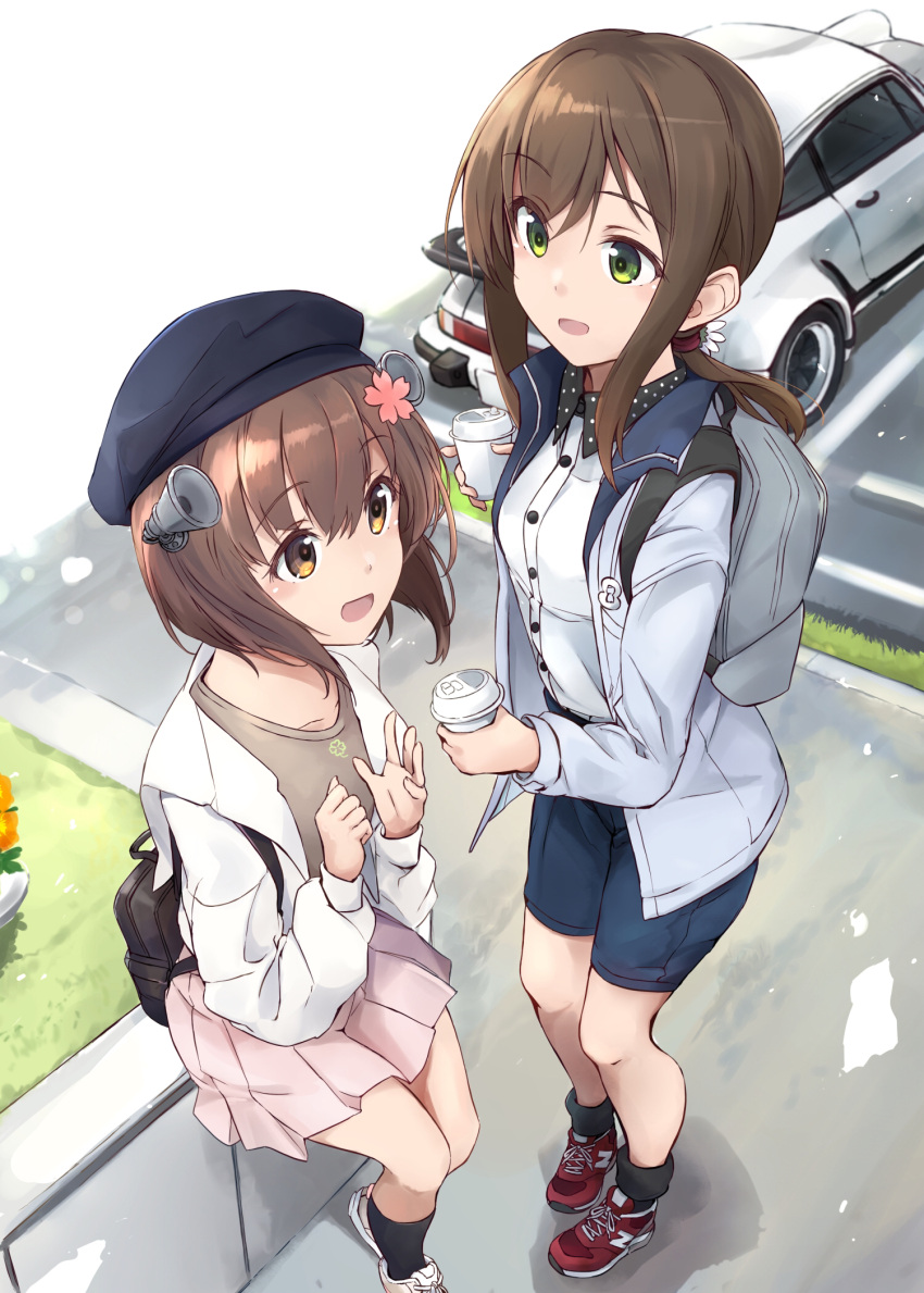 2girls alternate_costume backpack bag beige_skirt beret black_hair blue_headwear blue_shorts brown_eyes brown_hair car fubuki_(kancolle) green_eyes ground_vehicle hat headgear highres hood hooded_jacket hoodie jacket kantai_collection long_hair minosu motor_vehicle multiple_girls pleated_skirt porsche_911 shirt short_hair short_ponytail shorts skirt speaking_tube_headset standing white_jacket white_shirt yukikaze_(kancolle)