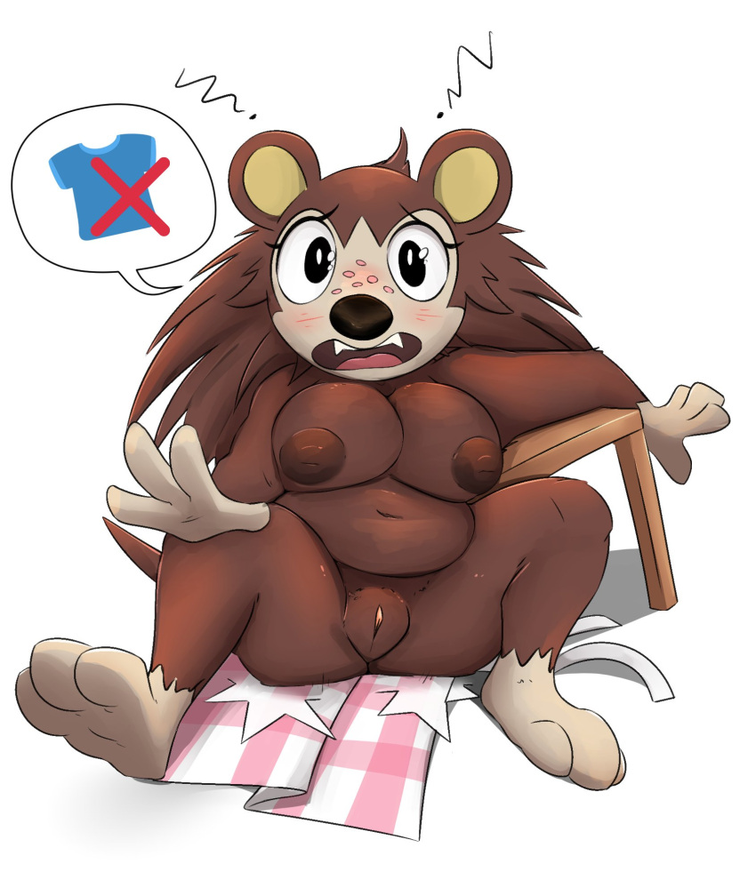 2022 3_toes 4_fingers animal_crossing anthro apron areola belly big_breasts black_nose blush breasts brown_body brown_fur brown_hair butt clothing countershade_face countershading dark_areola deep_navel embarrassed eulipotyphlan eyelashes feet female fingers freckles front_view full-length_portrait fur genitals hair hedgehog hi_res honeymono inverted_nipples long_hair looking_at_viewer mammal navel nintendo nipples nude open_mouth overweight overweight_female pictographics portrait pussy sable_able short_stack sitting solo speech_bubble spread_legs spreading teeth toes tongue video_games wardrobe_malfunction