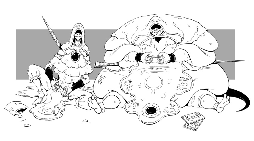 2boys absurdres barefoot boots chips controller elden_ring facing_viewer fat fat_man fingernails food godskin_apostle greyscale grin highres holding hood hood_up joystick kektus long_sleeves male_focus monochrome multiple_boys obese playing_games polearm robe shaded_face smile spear video_game weapon
